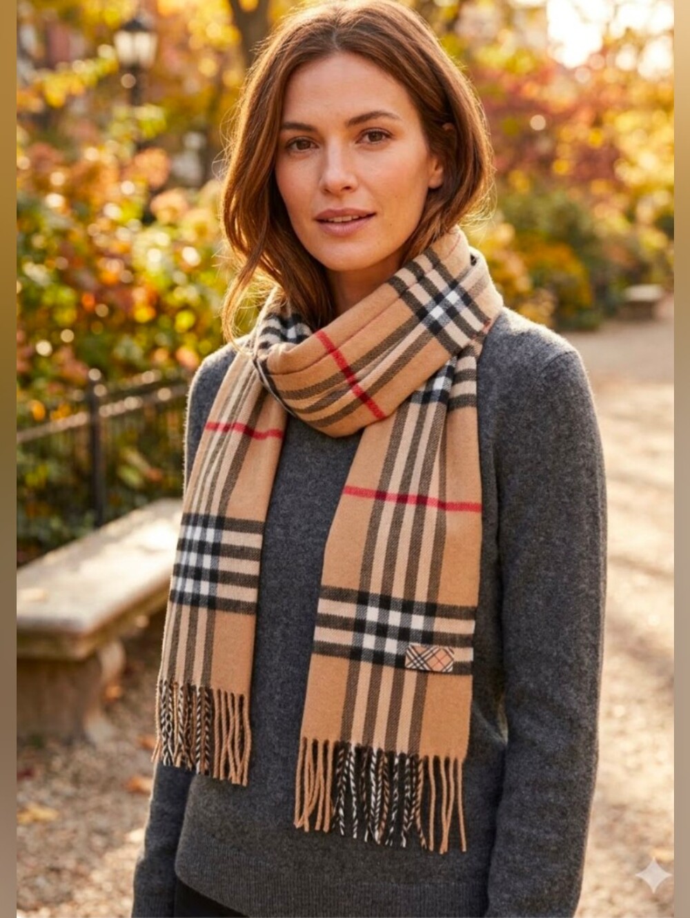 Tan Red White Black Tartan Plaid Scarf With Fringe